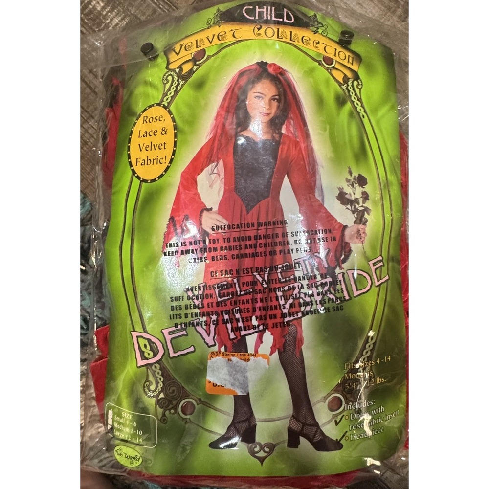 Child Devil Bride Halloween Costume Gothic Velvet‎ Lace Rose Dress & Headpiece